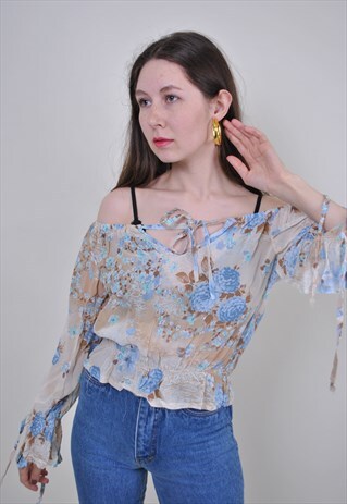 80S BEIGE RUFFLED BLOUSE, VINTAGE LACE FLORAL BLOUSE
