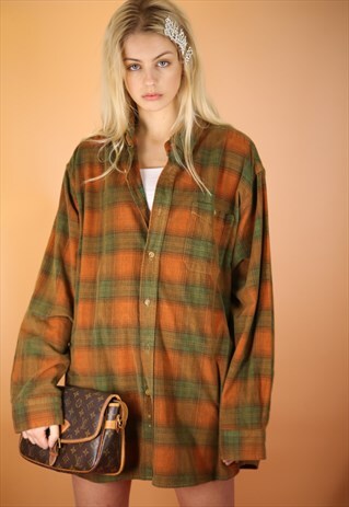 VINTAGE 90S Y2K ORANGE CHECK TARTAN CORDUROY OVERSIZE SHIRT