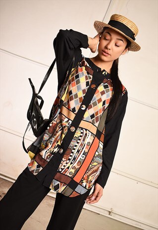 90'S RETRO ABSTRACT PRINT PARIS CHIC FESTIVAL SHIRT TOP