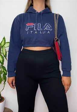 Vintage Reworked Fila Navy Blue Spell Out Cropped Hoodie