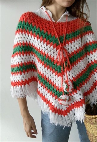 VINTAGE 70S HANDKNITTED CROCHET BOHO FRINGED CAPE PONCHO