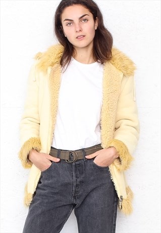 VINTAGE YELLOW FAUX FUR SHEARLING JACKET