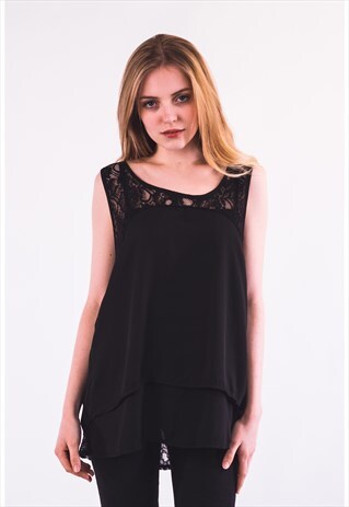 BLACK VEST TOP IN FLORAL LACE & CHIFFON WITH BACK SPLIT