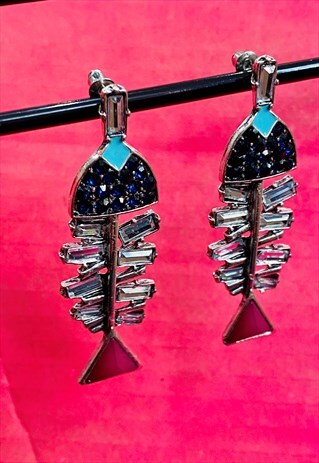 VINTAGE INSPIRED EARRINGS FISHBONE IN SILVER W BLUE AND PINK
