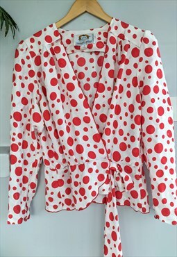 Vintage red and white polka dot satin wrap blouse