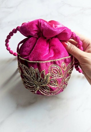 PINK VELVET WRISTLET CLUTCH BAG WITH GOLD SILVER EMBROIDERY