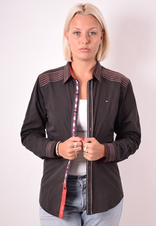 TOMMY HILFIGER WOMENS VINTAGE SHIRT MEDIUM BLACK 90S