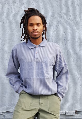 90S MINIMALIST SPORTSWEAR BLUE TEXTURED BANDED POLO XL