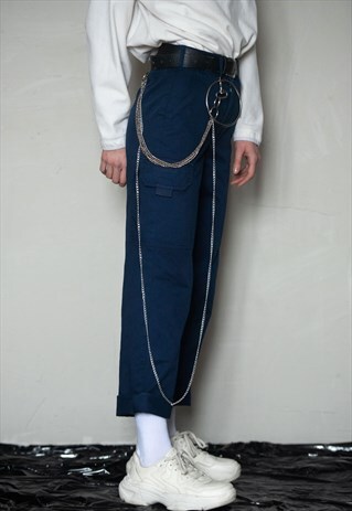 VINTAGE HIGH WAIST NAVY BLUE CARGO PANTS WITH POCKET .UNISEX