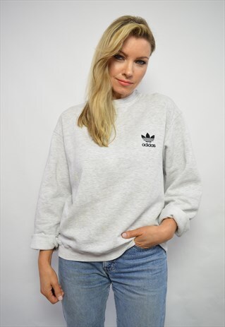 VINTAGE 90S ADIDAS GREY CREW NECK SWEATSHIRT PREPPY FESTIVAL
