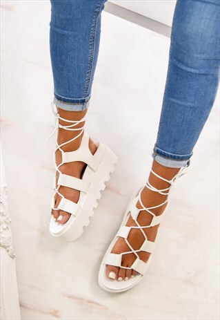 CHUNKY PLATFORM TIE UP GLADIATOR SANDALS - WHITE