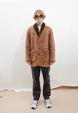 Vintage 80s Sherpa Brown Suede Button Up Jacket Men XL 