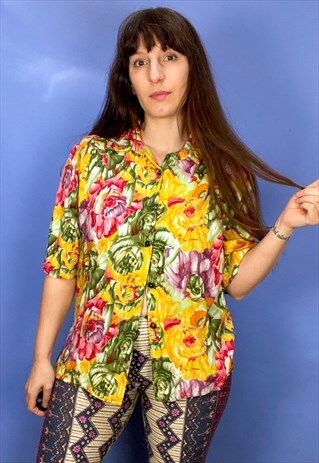 VINTAGE 90'S BRIGHT FLORAL PRINT SHORT SLEEVE SHIRT - M