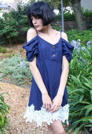 FLORAL CROCHET LACE HEM COLD SHOULDER DRESS IN BLUE HOLIDAY