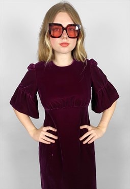 70's Vintage Purple Fluted Sleeve Velvet Midi Dress Small