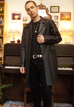 Vintage 90s Goth Matrix Style Long Leather Jacket in Black