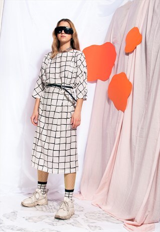 VINTAGE GRID DRESS 80S BLACK WHITE CHECKED SHIRT DRESS