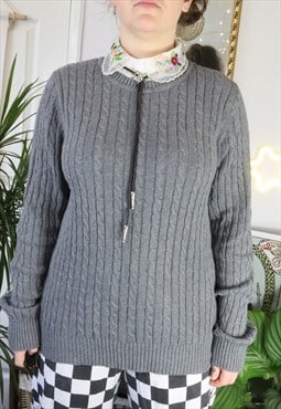 Vintage 90s Grey Cable Aran Fisherman Knit Jumper Sweater