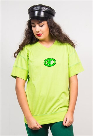 ENERGIE VINTAGE 90'S LIME GREEN OVERSIZED V-NECK T-SHIRT
