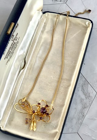 70S GOLD & PURPLE FLOWER NECKLACE PRETTY VINTAGE JEWELLERY