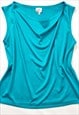 90S VINTAGE COWL NECK VEST TOP SLEEVELESS TANK AQUA BLUE M