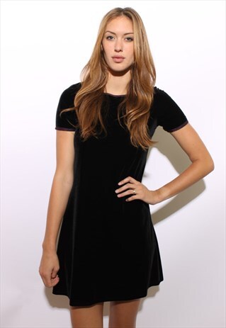 VINTAGE 1990'S 90'S BLACK & PURPLE STRETCH VELVET DRESS S-M