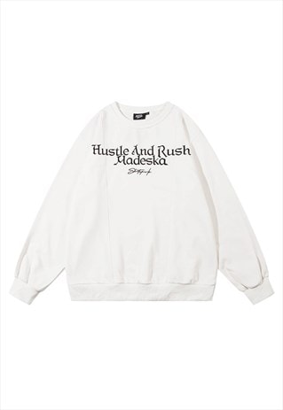 SKATER SWEATSHIRT HUSTLE SLOGAN JUMPER GRUNGE TOP IN WHITE