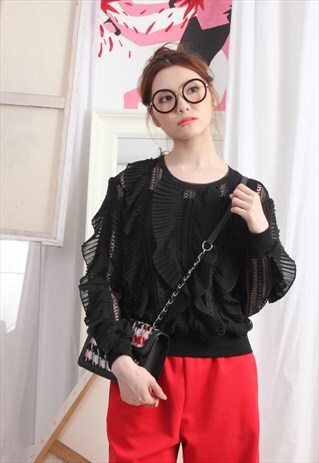(KOREAN) PLEATED CHIFFON RUFFLE TRIMS CROCHET TOP