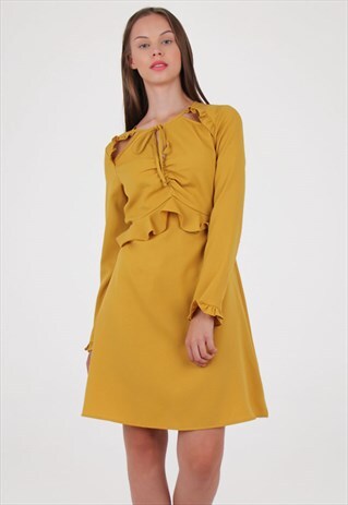 MUSTARD KEYHOLE DETAIL PEPLUM DRESS