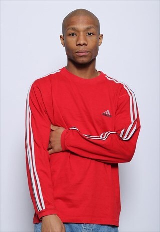 VINTAGE ADIDAS 3 STRIPE LOGO T-SHIRT LONG SLEEVE RED