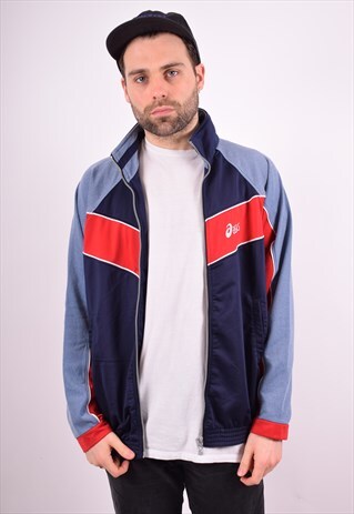 ASICS MENS VINTAGE TRACKSUIT TOP JACKET LARGE NAVY BLUE 90'S