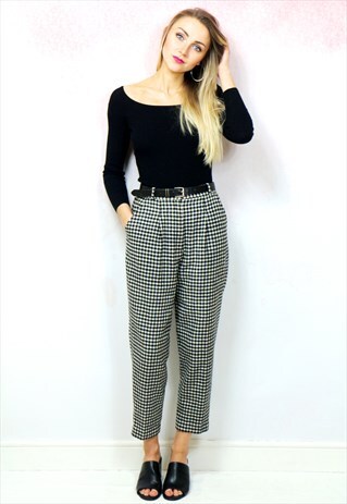 1980S VINTAGE MONOCHROME CHECK WOOL HIGH WAIST TROUSER