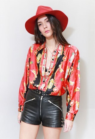 VINTAGE 1980'S RED & GOLD CHAIN & PLANE PRINT SHIRT