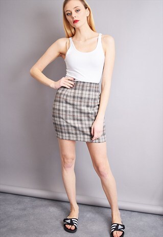 70'S MOD RETRO CLASSY CHECKED MINIMALIST WOOLEN MINI SKIRT