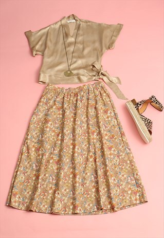 VINTAGE 80S MIDI SKIRT FLORAL PRINT IN BEIGE