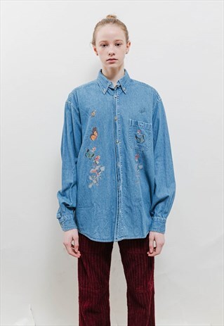 Vintage 90s Artsy Blue Denim Butterfly Button Up Shirt S