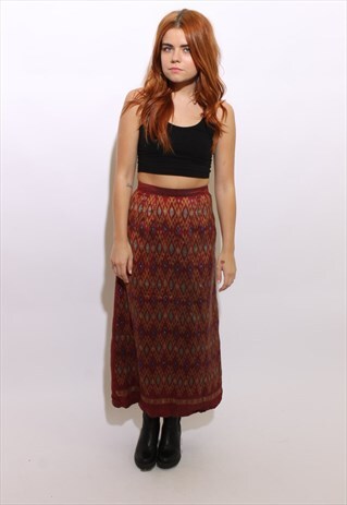VINTAGE 1990'S HIGH WAISTED MAROON PRINTED MAXI SKIRT XS