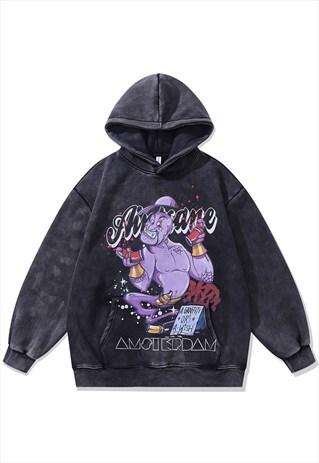 GIN PRINT HOODIE ALADDIN PULLOVER CREEPY CARTOON JUMPER GREY