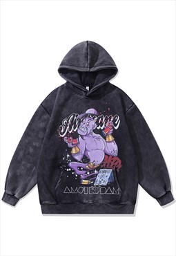 Gin print hoodie Aladdin pullover creepy cartoon jumper grey