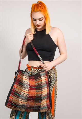 VINTAGE 90'S BRIGHT CHECK PATTERN WEAVE TAPESTRY TOTE BAG