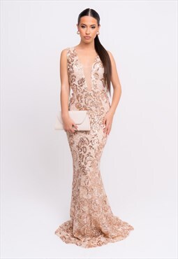 Flora Rose Gold Luxe Deep Plunge Tie Side Floral Lace Maxi