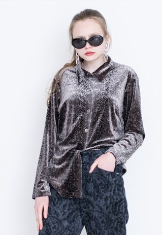 VINTAGE GREY SNAKE PRINT SHINY LONG SLEEVE RETRO SHIRT