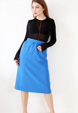 Blue 90s Midi Skirt High Waist Tailored Vintage Pencil Skirt