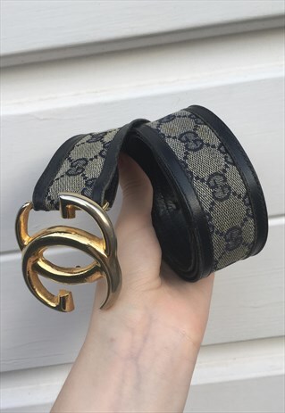 WOMENS VINTAGE 80S GUCCI BELT BLACK GREY MONOGRAM PRINT