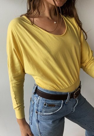 VINTAGE 80S LE CITRON DRAPED LEOTARD LYCRA TOP YELLOW COTTON