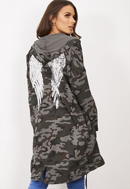 JUSTYOUROUTFIT Sequin Angel Wings Hooded Cardigan Camo 