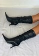 Vintage Black Mid Calf Slouchy Leather Pointed Boots