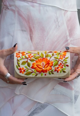 BEIGE ORANGE FLORAL FABRIC CLUTCH SUNGLASSES CASE