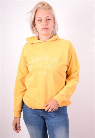 TOMMY HILFIGER WOMENS VINTAGE HOODIE JUMPER LARGE YELLOW 90S