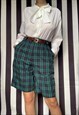 Vintage 80s chino shorts, green blue tartan, cotton, Uk12